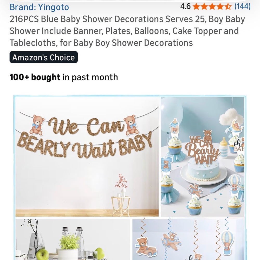 Blue 'We Can Bearly Wait Baby' Banner & Cake Toppers